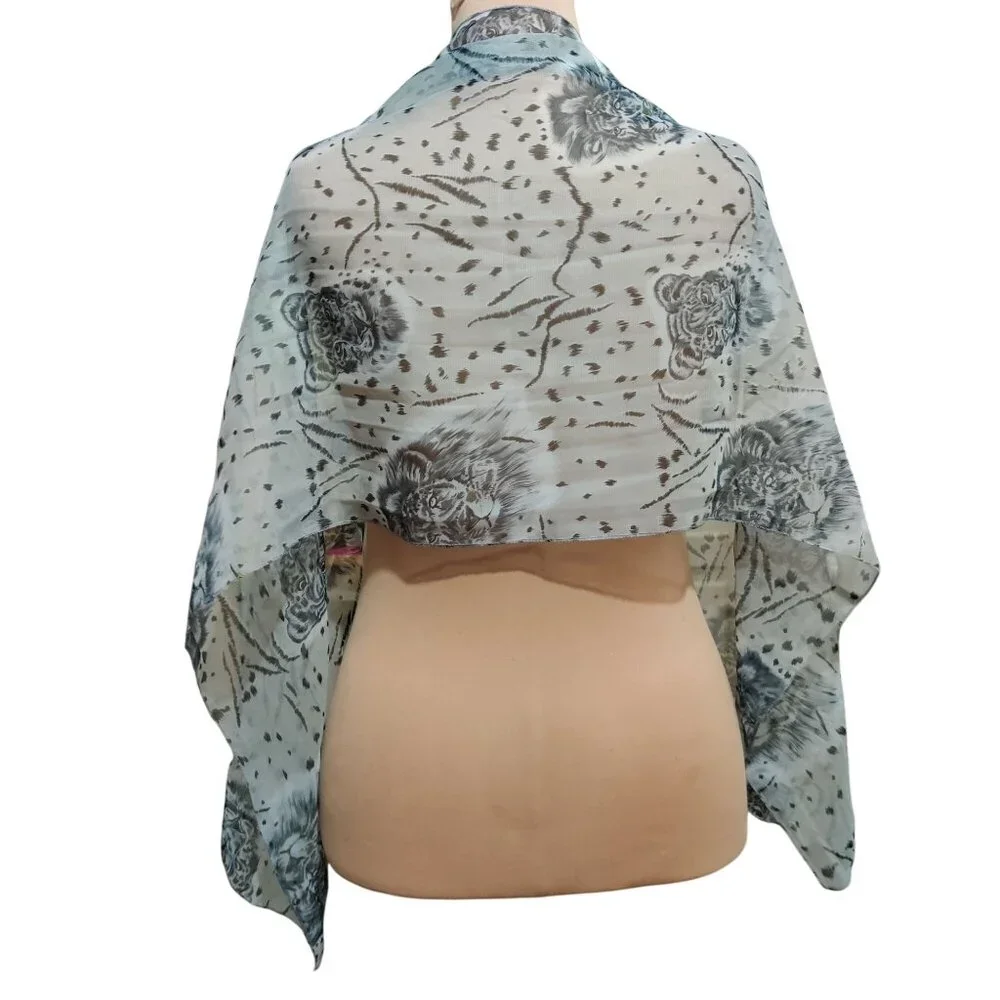 Sheer Gray Animal Print Scarf Lightweight Lion Leopard Graphic Versatile Layer